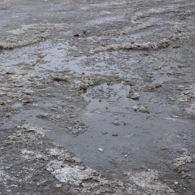 Damaged asphalt road with potholes caused by freezing and thawing cycles during the winter