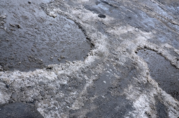 Damaged asphalt road with potholes caused by freezing