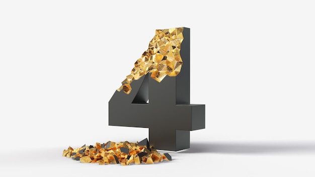 Поврежденный черный номер 4 показывает золото внутри. 3D иллюстрации, подходящие для машинописного ввода, букв и алфавита.