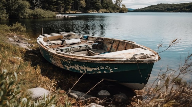 Damaged boat by the lake