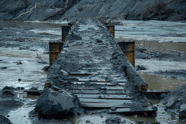 Photo a damaged bridge over a muddy landscape reflecting a gloomy sky