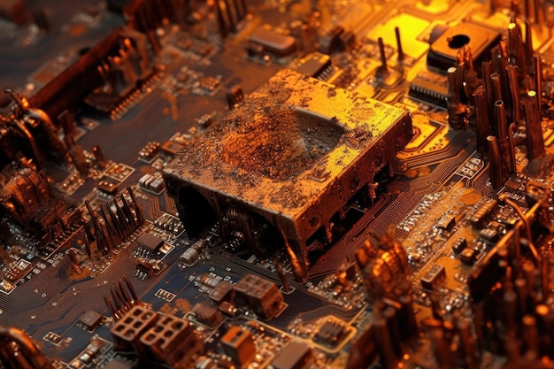 Damaged and burnt circuit board after a short circuit created with generative ai