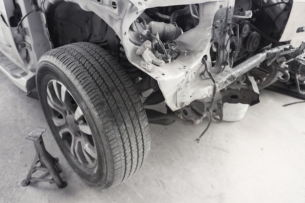 Damaged car in garage