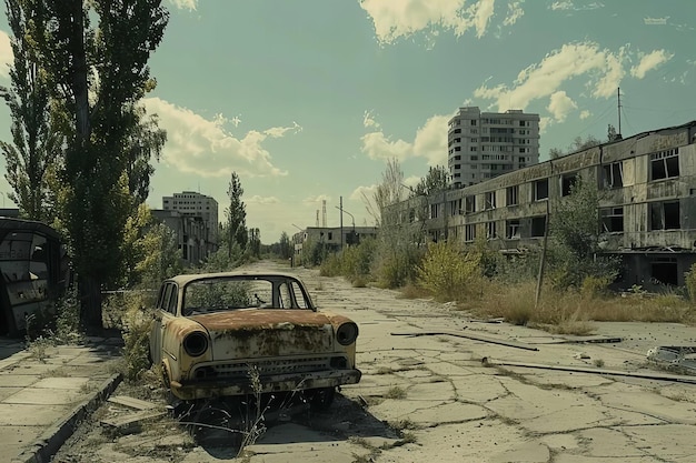 Damaged Car in Ruined City