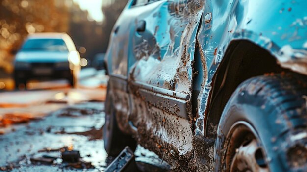 Foto auto danneggiata seduta sotto la pioggia