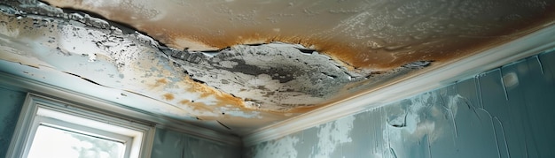 Damaged ceiling with visible water damage Realistic interior depiction for home insurance