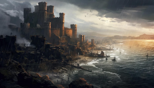 damaged city remparts black mist and clouds over the sea rain concept art medieval fantasy illust