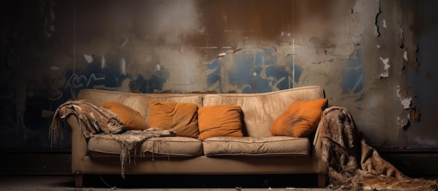 Damaged couch and wornout cushion artistic background