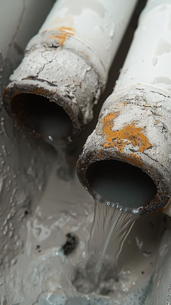 Фото Поврежденные дренажные трубы с утечкой воды требуют срочного ремонта для строительства вертикальных мобильных обоев