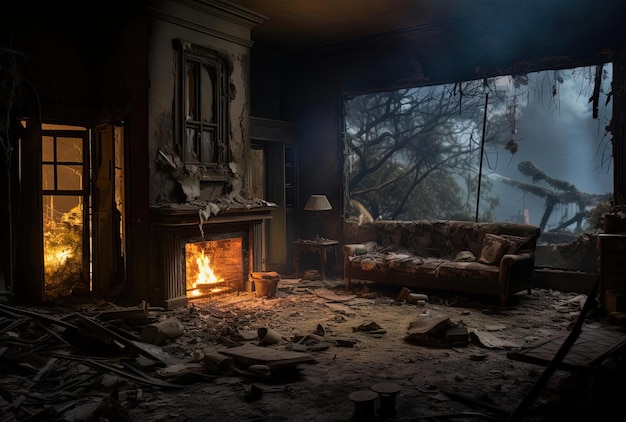 a damaged home that was during a fire in the style of metaphysical interiors