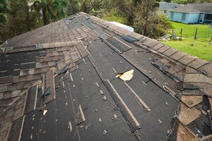 Фото Поврежденная крыша дома с отсутствующей черепицей после урагана ян во флориде последствия стихийного бедствия