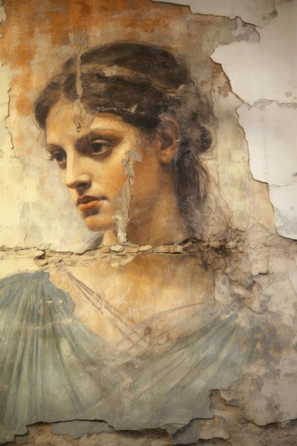 Damaged old fresco with portrait of young woman vintage cracked ancient wall painting Concept of Roman Greek art Renaissance beauty people texture fashion