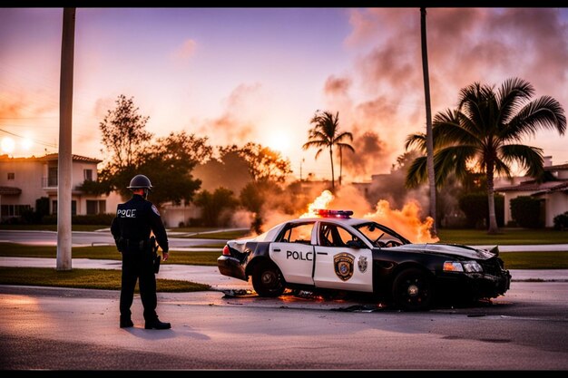 damaged police patrol after pursuit officer policying standing in guard