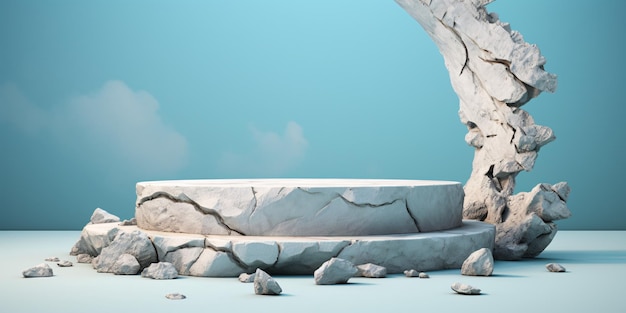 破損した岩のプラットフォームは,豪華な維で飾られた淡い青色の背景に展示されています.美しいアイテムを展示するための空白エリア