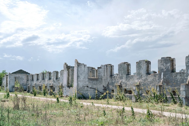 A damaged ruined building, destroyed settlement after war