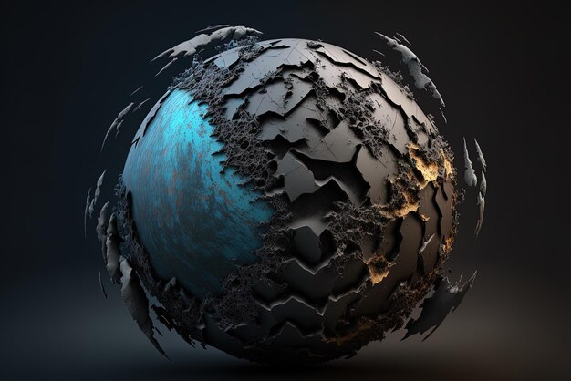 Damaged and scratched black and blue abstract art of a stone sphere representing Earth