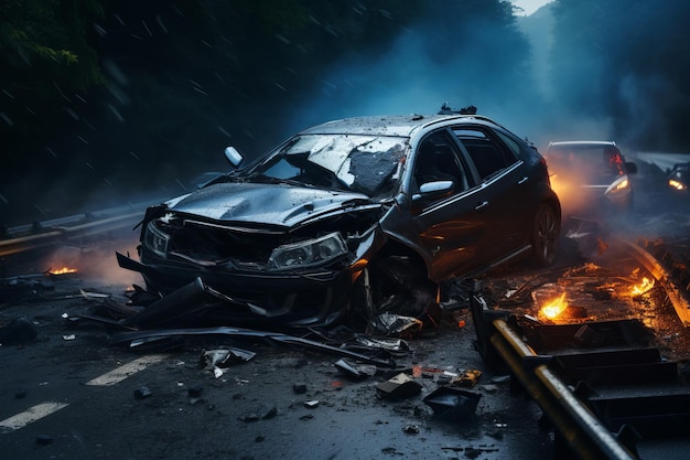 Damaged vehicle Car accident crash on the road Beautiful illustration picture Generative AI