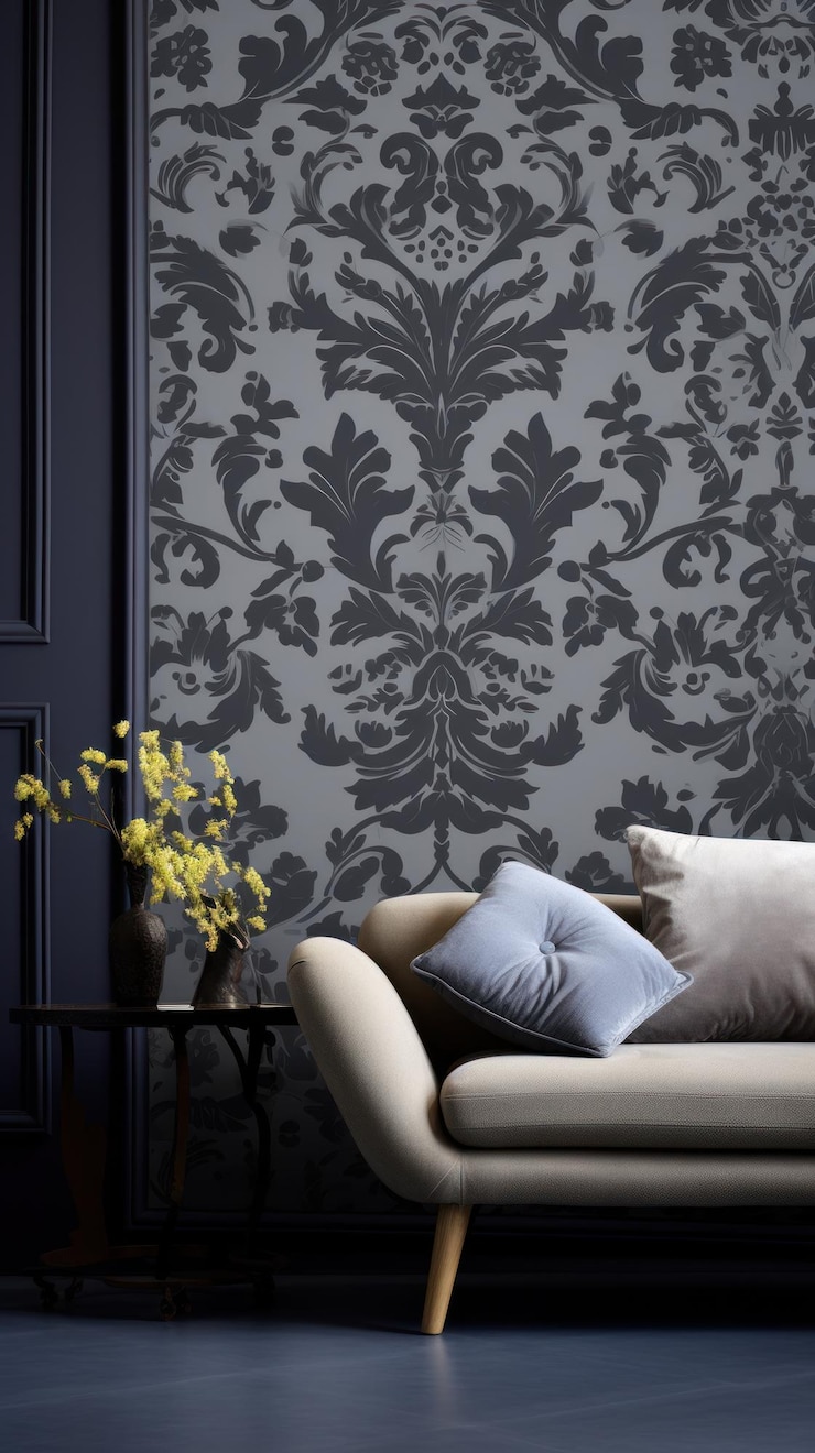 Photo damask gray wallpaper pattern ar 916 v 52 job id 58d4782957cd47bf92f6de3ec2aad3bf