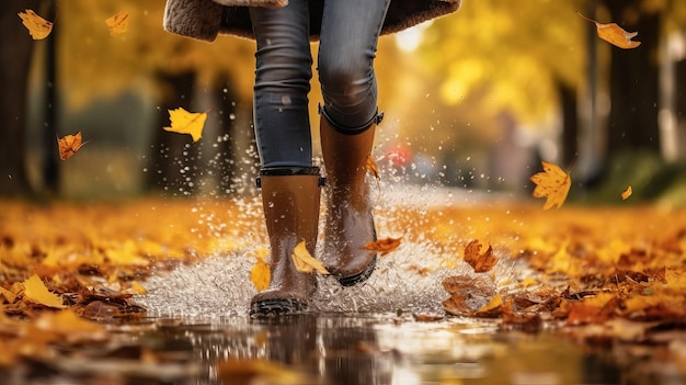 Dame met elastische regenlaarzen slenteren, rennen en stuiteren in een plas met water, sprenkel en druppels in de regen tijdens de oogsttijd Creatieve bron AI gegenereerd