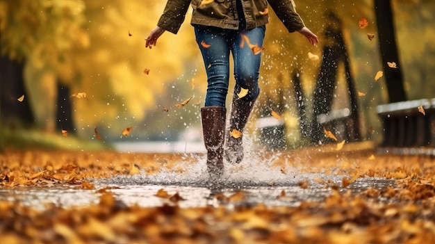 Foto dame met flexibele regenlaarzen slenteren, rennen en stuiteren in een plas met water, sprenkel en druppels in winkeltijd, regen creatieve bron ai gegenereerd