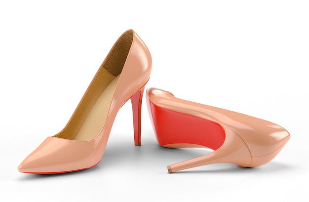 Dames beige schoenen met rode zolen geïsoleerd op een witte achtergrond. 3D-rendering illustratie.