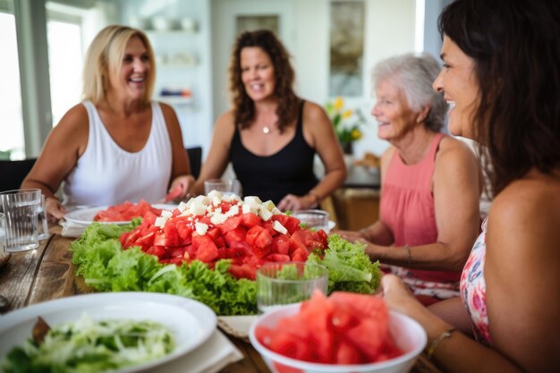 Foto dames genieten van watermeloen en feta salade bij een damesbrunch