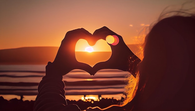 Dames hand in hand in een hartvorm op de zonsondergang 2jpg