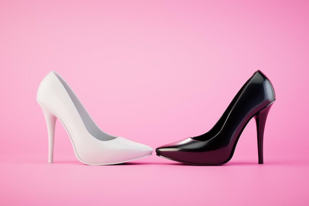 Damesconfrontatie Witte en zwarte schoenen met hoge hakken op een pastelkleurige achtergrond 3D renderen