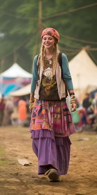 Damesmodel is gekleed in een festivaloutfit