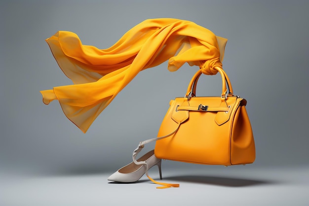 Foto damestasschoenen en halsdoek in de lucht modieuze damesspullen en accessoires stijlvolle gele damestas en schoenen