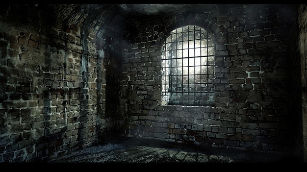 Photo damp and musty dungeon chamber with a barred window offering prison cell ghosts paranormal gothic middle ages ruins dust dampness underground structure mysticism fear generative by ai