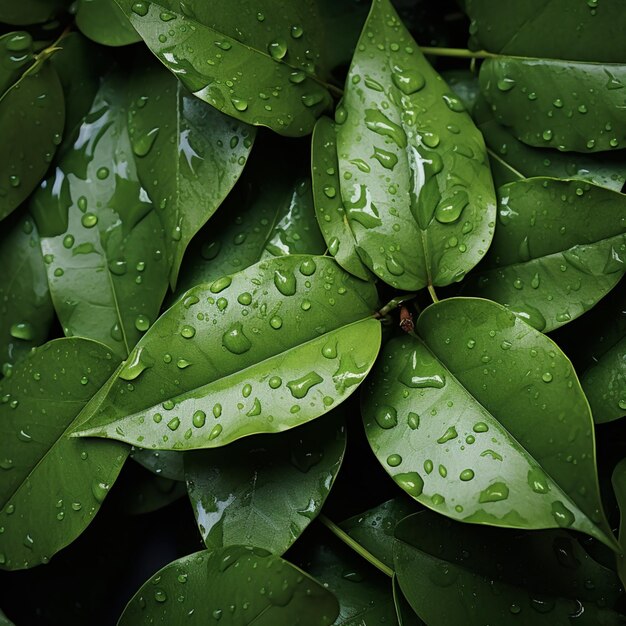 Photo damp and slick texture wet leaves with water droplets background for social media post size