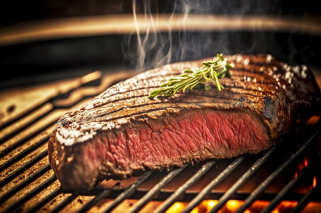 Dampende heerlijke zijsteak gekookt op de grill met rozemarijn