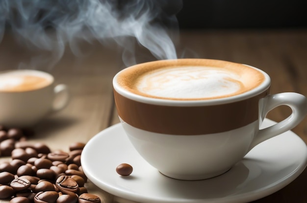 dampende kop cappuccino staande op een tafel met koffiebonen