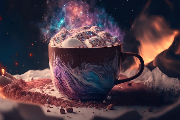 Dampende warme chocolademelk op een winterochtend marshmallows en cacao stomende bismut astraal graniet