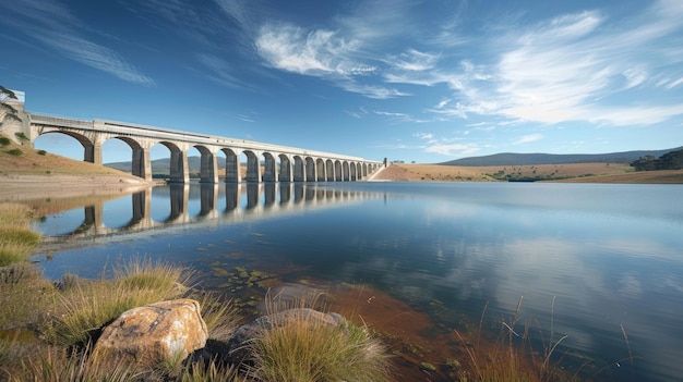 The dams towering structure looming over the calm water of the reservoir created behind it