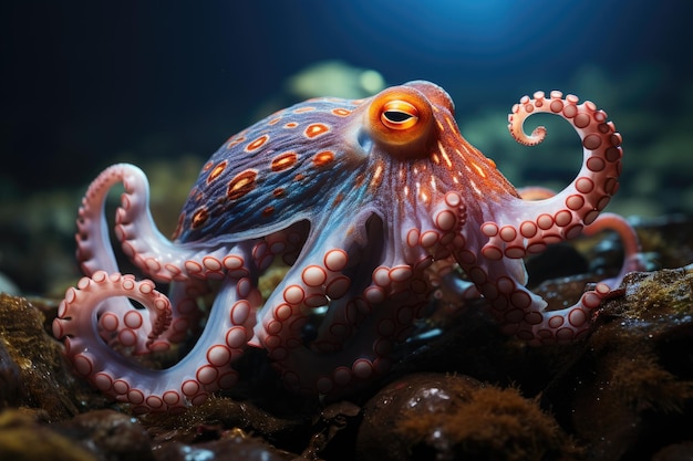 Dance octopus between colorful reefs while fish observe generative IA