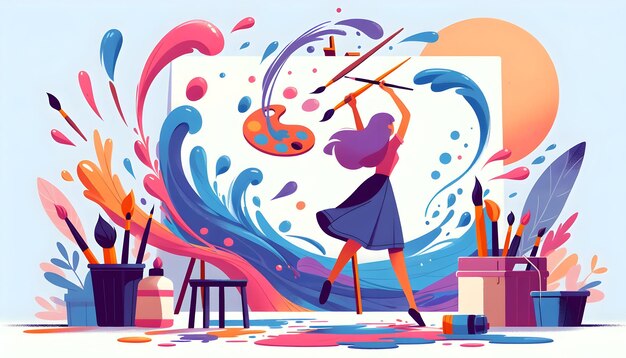 Dance of the Brushes Abstract Artist Splashing Vibrant Paint in Candid Daily Routine Flat Vector