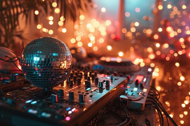 Dance party flyers with disco ball and dj music console