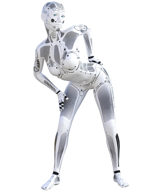 Dance robot woman Metal droid Artificial Intelligence Conceptual fashion art Realistic 3D render illustration Studio isolate high key