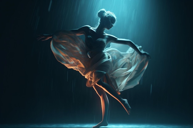 A dancer in a blue and white dress is dancing in the rain.