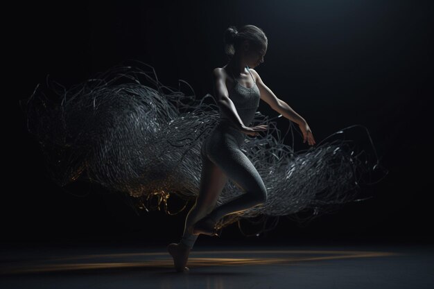 A dancer in a dark room with a black background and a white feathered tail.