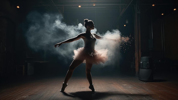 A dancer in a dark room with smoke coming out of her tutu.