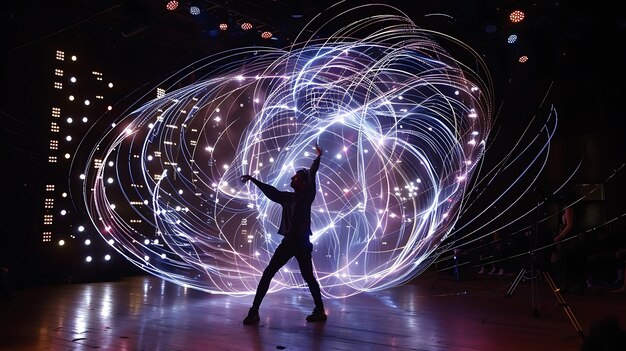 A dancer in a dark theater is surrounded by a glowing colorful light display