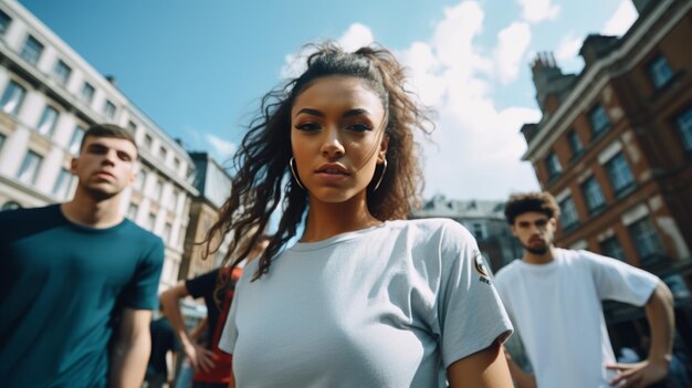 Dancer girls on a street with historical buildings