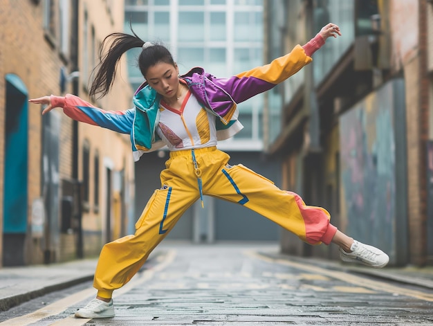 A dancer in vibrant attire performs a dynamic street dance move