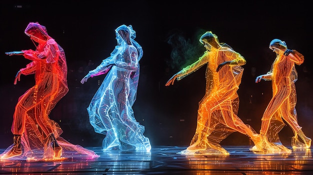 Dancers in Costumes with Fluorescent Lines