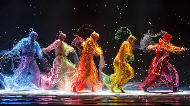 Танцоры в костюмах с флуоресцентными линиями