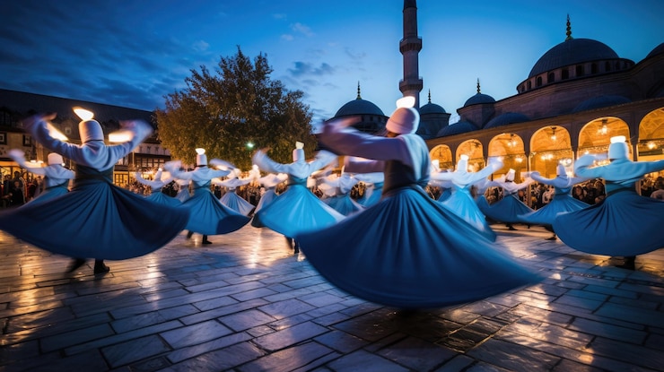 Photo dancers perform a traditional dance at night.