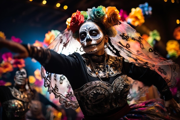 Dancers performing a traditional dia de muertos dance their colorful costumes